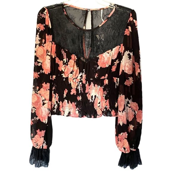 NWOT Free People Smocked Daphne Blouse- Midnight Combo- Size L - Picture 2 of 11